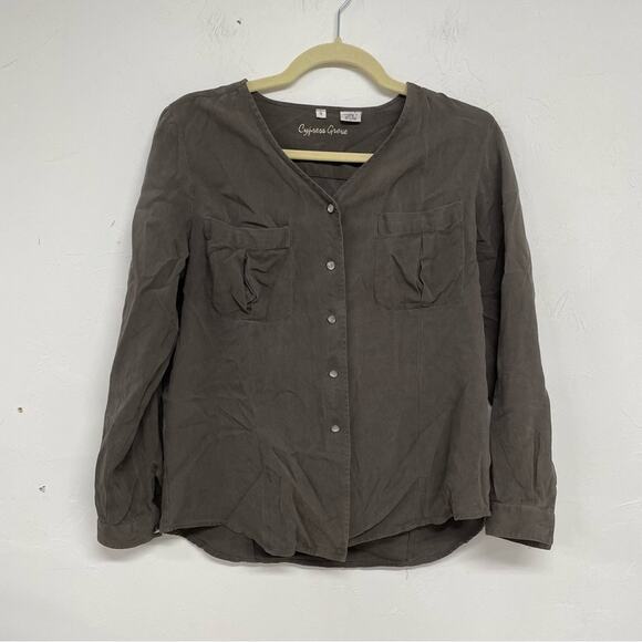Cypress Grove Brown Silk Pearl Snap Lagenlook Blouse Womens S Long Sleeve Artsy - Picture 2 of 8